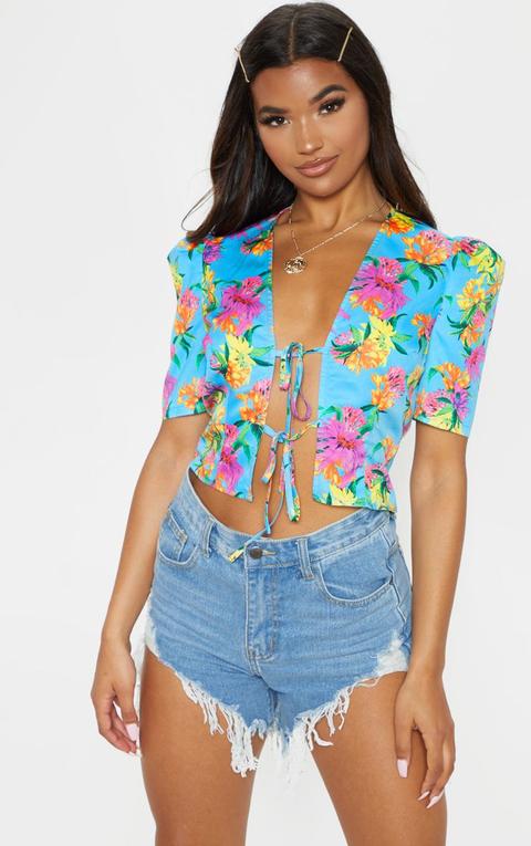 Blue Tropical Print Tie Front Short Sleeve Crop Top