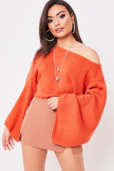 Morgan Orange Knitted Cropped Flare Sleeve Jumper