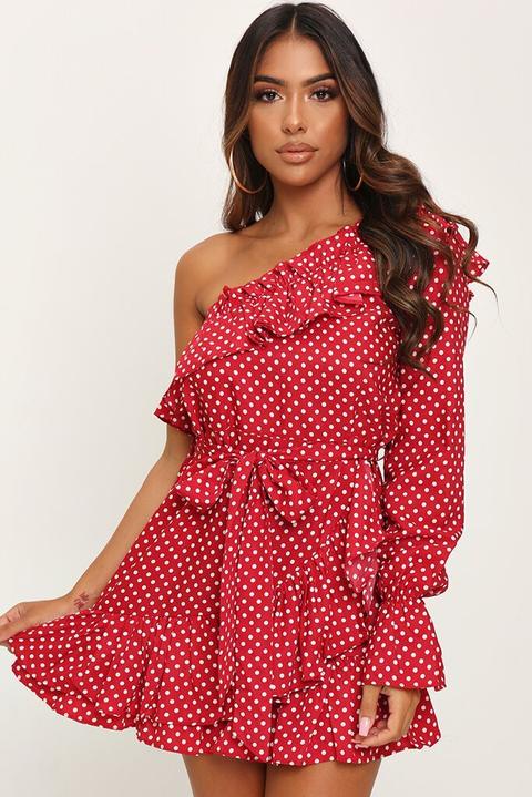 red polka dot one shoulder dress