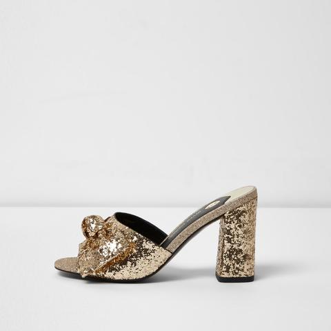 Gold Glitter Bow Block Heel Mules