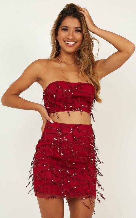 Electric Body Two Piece Set In Wine Sequin