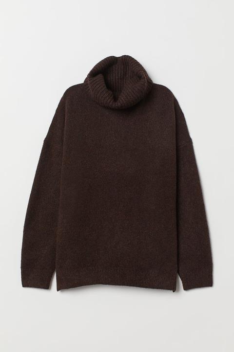 H & M - Knitted Polo-neck Jumper - Brown