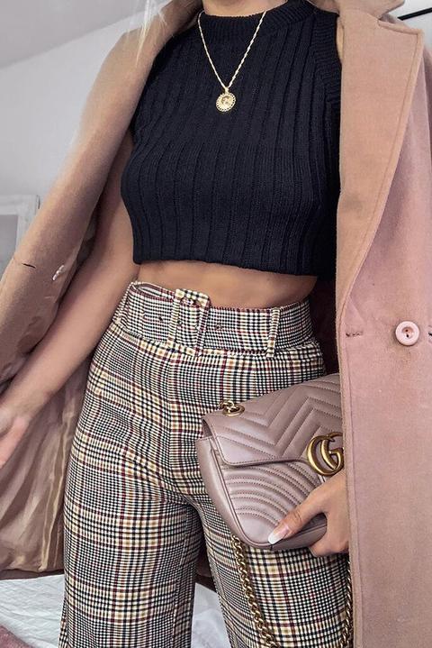 Beige Check Belted Trouser