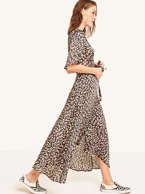 Black Floral Willow Wrap Midi Dress