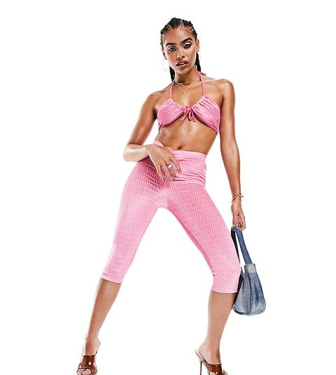 Asyou Velour Capri Leggings Co-ord In Pink Monogram