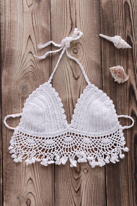 Solid Color Crochet Hollow Halter Bikini Top