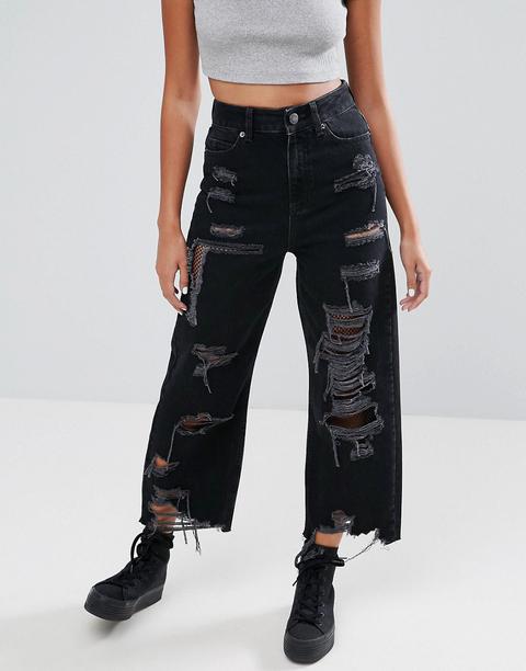 Asos - Jeans Strappati Con Fondo Ampio A Rete Nero Slavato - Nero
