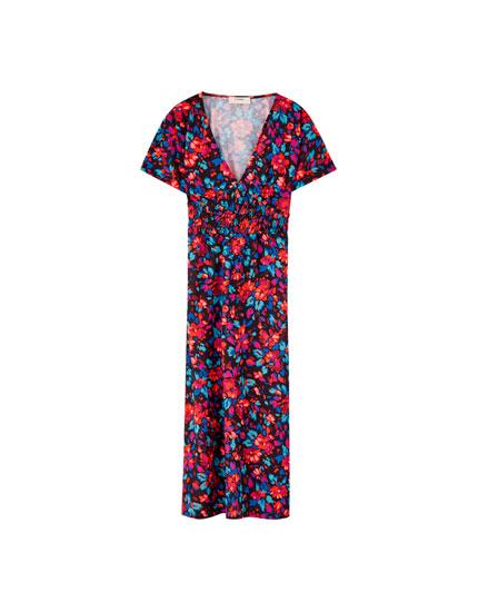 Vestido Midi Estampado Escote Elástico