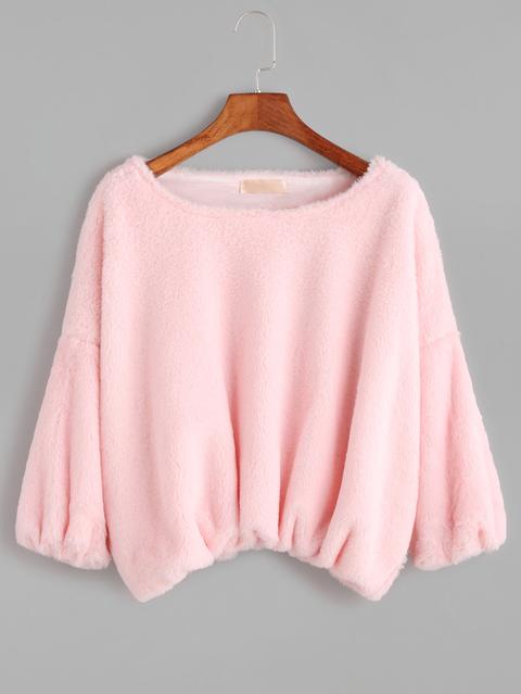 Pink Dropped Shoulder Seam Crop Fuzzy T-shirt