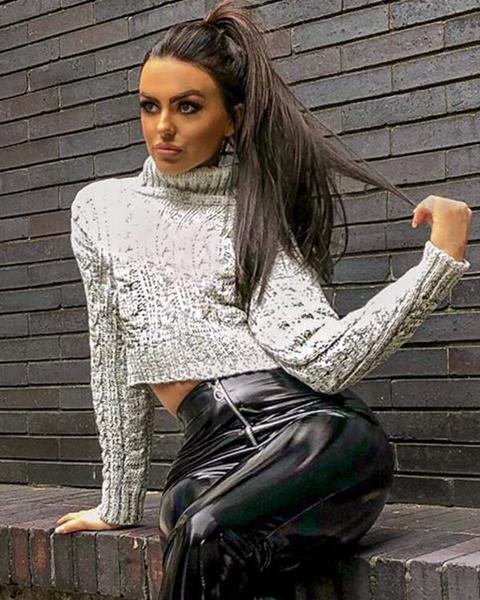 Cindy Roll Neck Cable Knit Cropped Jumper In Grey