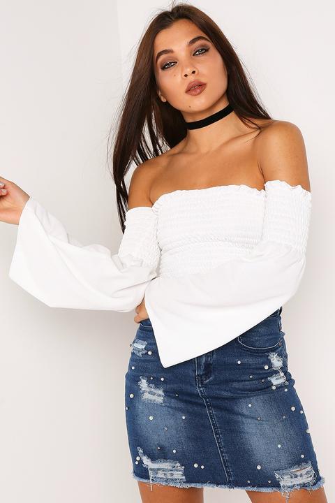 White Bardot Bell Sleeve Top