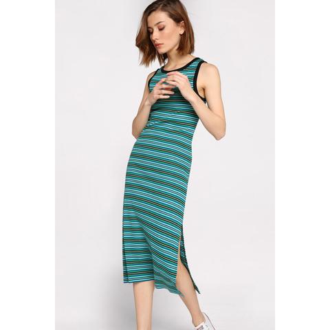 Robe Longue Ajustée Col Rond Vert Femme