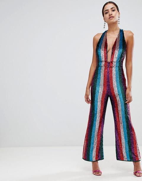 Asos Design - Tuta Jumpsuit A Righe Multiple Decorata Con Scollo Profondo - Multicolore