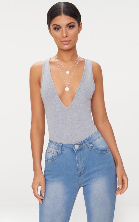 Basic Grey Marl Jersey Plunge Neck Thong Bodysuit