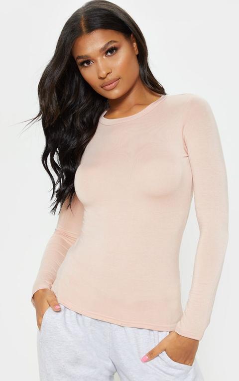 Basic Nude Longsleeve Fitted T Shirt, Pink