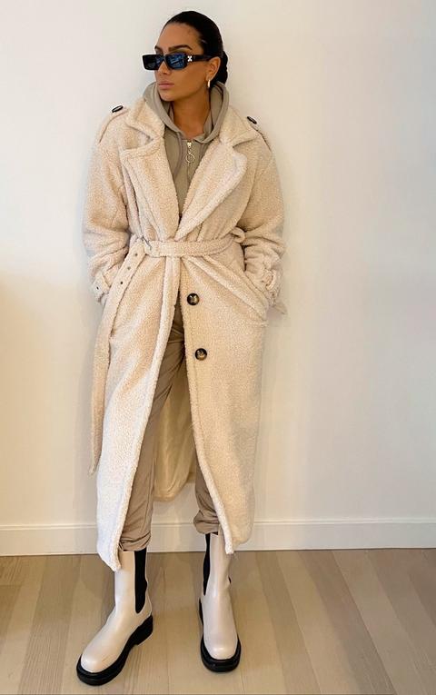 Cream Borg Oversized Belted Coat