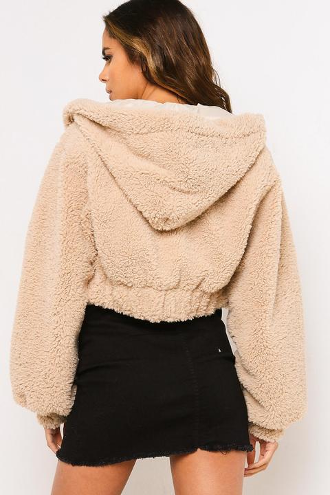 Zaramcdermott Stone Teddy Faux Fur Cropped Hoodie Jacket from