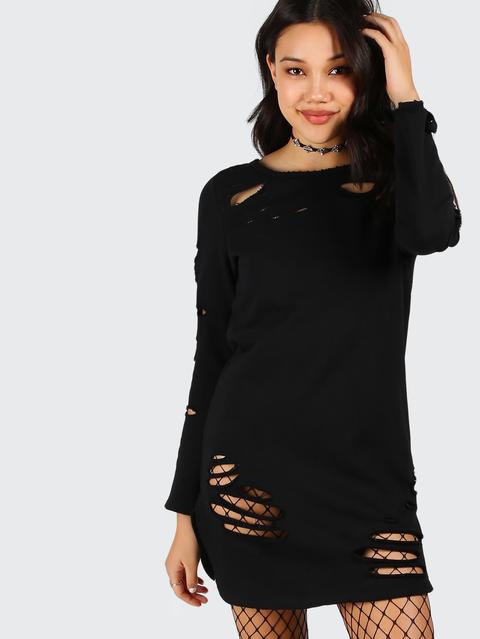 Black Long Sleeve Distressed Tee Dress