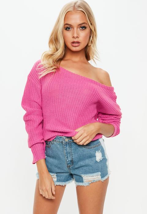 Pink Cropped Off Shoulder Knitted Jumper