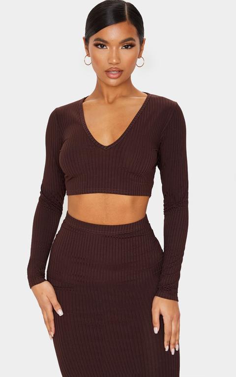 Brown Ribbed V Neck Long Sleeve Crop Top