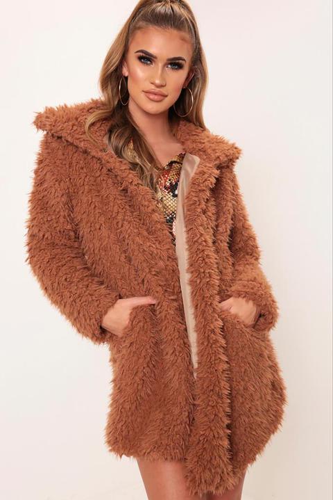 Camel Oversized Collar Borg Coat