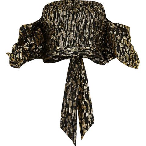 Black Jacquard Puff Sleeve Bardot Crop Top
