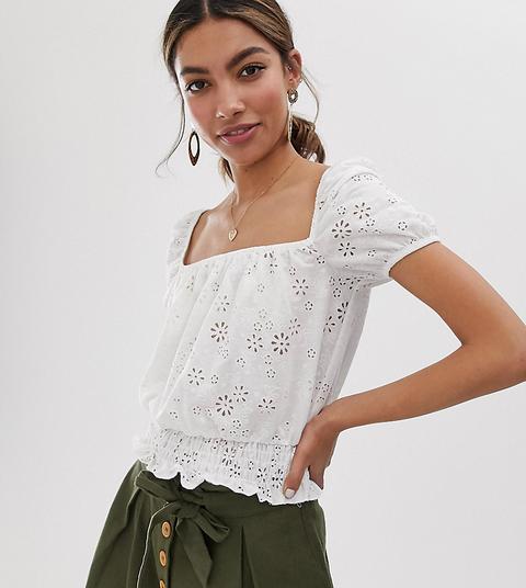 Top Blanco Con Escote Cuadrado Y Bordado Inglés De Miss Selfridge