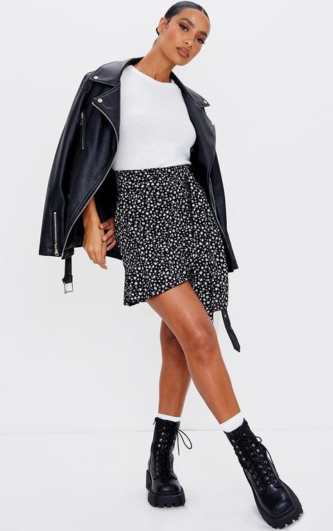 Black Dalmatian Print Tie Detail Frill Edge Wrap Mini Skirt