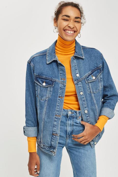 Womens Moto Oversized Denim Jacket - Mid Stone, Mid Stone