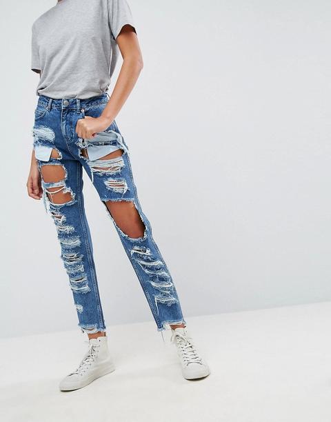 Asos Original - Mom-jeans In Authentischer Mittlerer Waschung Mit Extremen Rissen - Blau