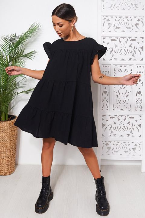 Monet Black Frill Smock Dress