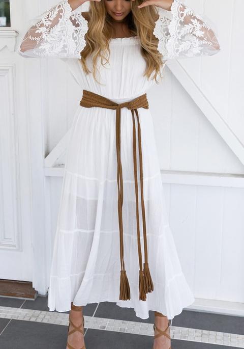 White Patchwork Lace Belt Backless Boat Neck Maxi Dress