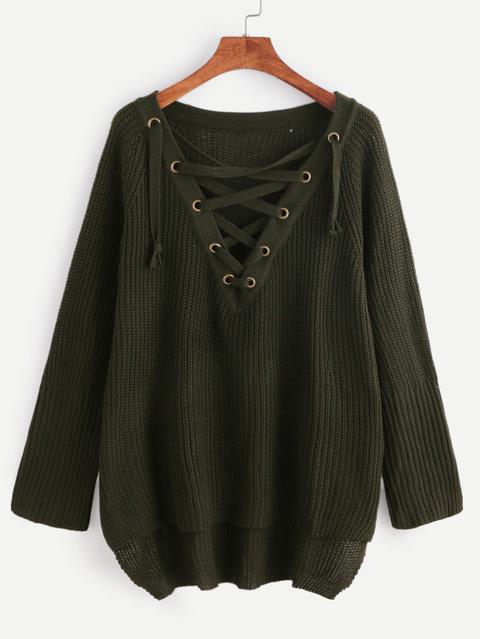 Maglione Asimmetrico Con Lacci Occhielli - Verde Scuro