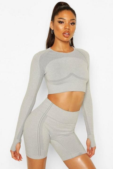 Womens Fit Contouring Seamless Long Sleeve Crop Top - Grey - L, Grey