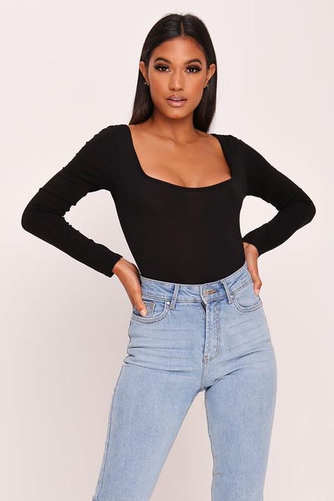 Black Long Sleeve Square Neck Bodysuit