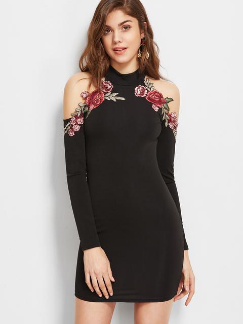 Cold Shoulder Flower Applique Bodycon Dress