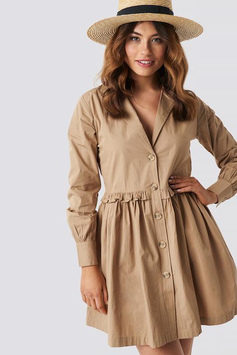 Na-kd Boho Oversize Ruffle Detail Shirt Dress - Beige