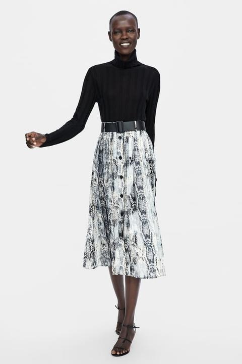 Snakeskin Print Belted Skirt