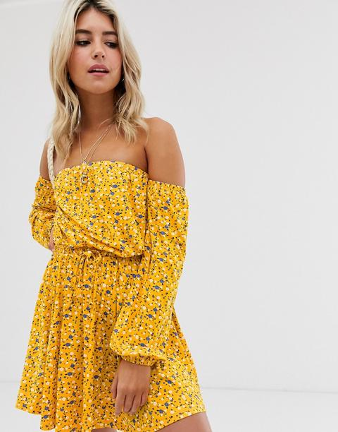 Asos Design - Mini Prendisole Con Scollo Alla Bardot E Stampa A Fiorellini - Multicolore