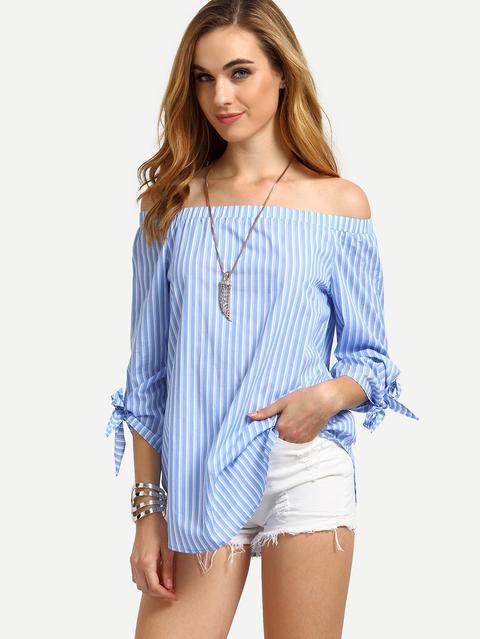 Blue Striped Off The Shoulder Tie Cuff Blouse