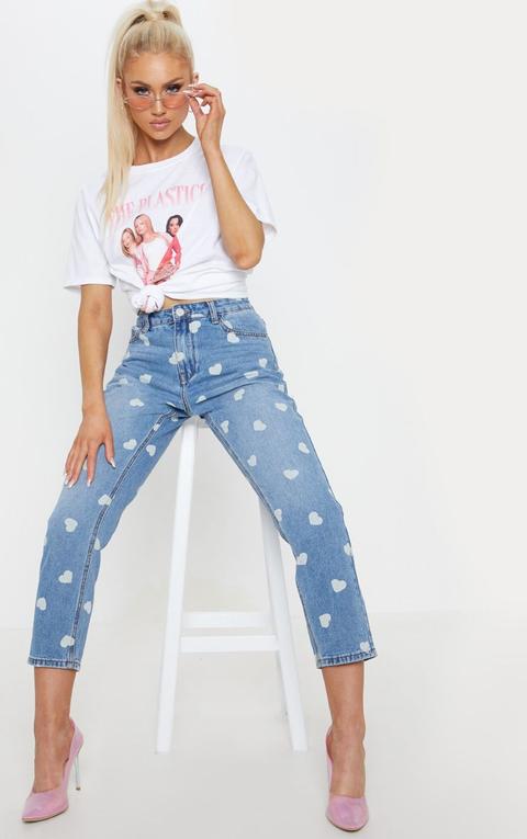 Light Wash Heart Print Straight Leg Jeans