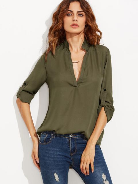 Camisa Asimétrica Con Escote V Profundo - Verde Militar