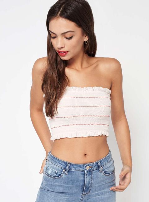 Nude Striped Shirred Bandeau Crop Top