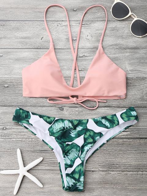 Bikini Bralette Con Stampa Foglie Di Palma White Pink And Green Rose Army Green