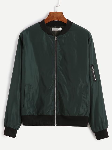 Jacket Bomber Con Cremallera Escote En Contraste - Verde Oscuro