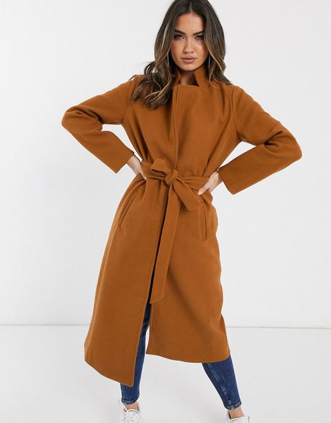 In The Style Emily Shak Camel Tie Waist Longline Wool Coat-beige