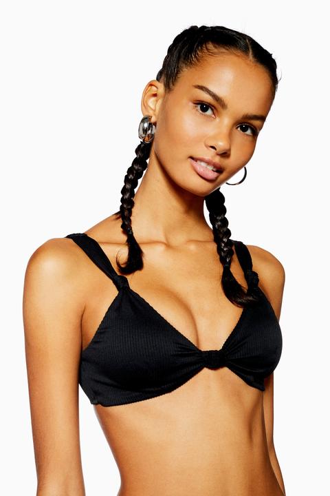 Womens Ribbed Knot Front Bikini Top - Black, Black