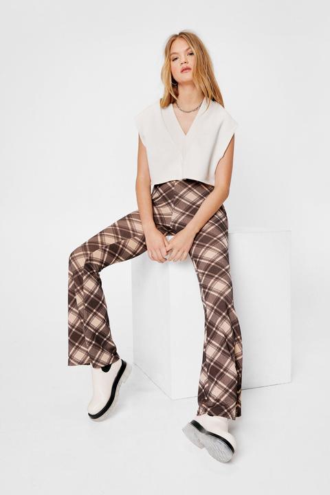 Womens Check Crepe High Waisted Flares