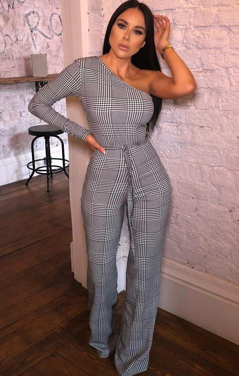 Houndstooth Belted One Shoulder Jumpsuit - Evelyn