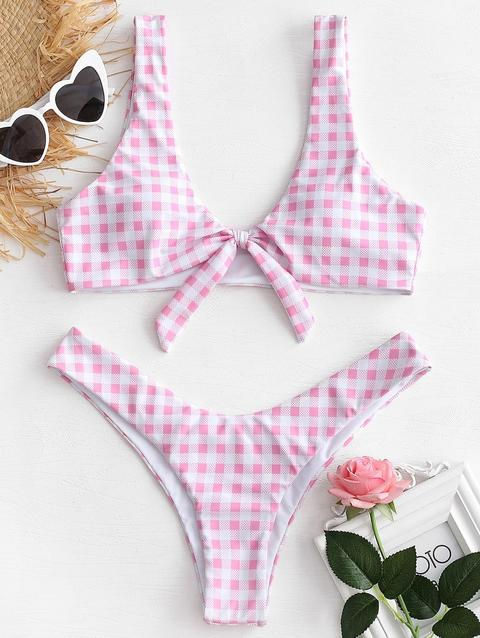 Knotted High Leg Plaid Bikini Set